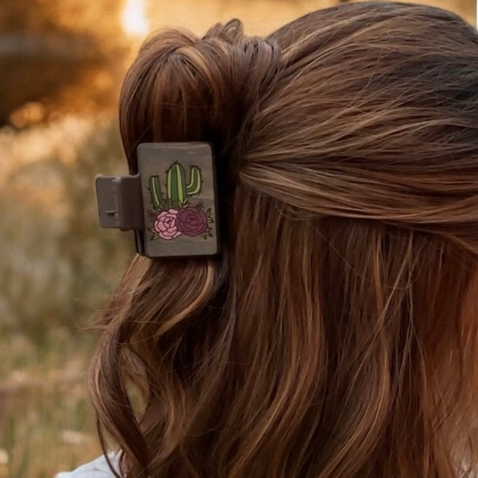 Small Cactus with Flower Hair Claw Clip