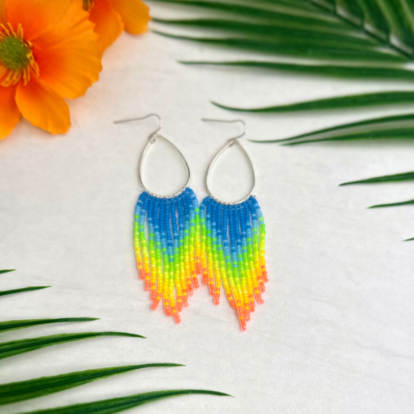 Neon Light Fringe Hoop Beaded Earrings Andrea