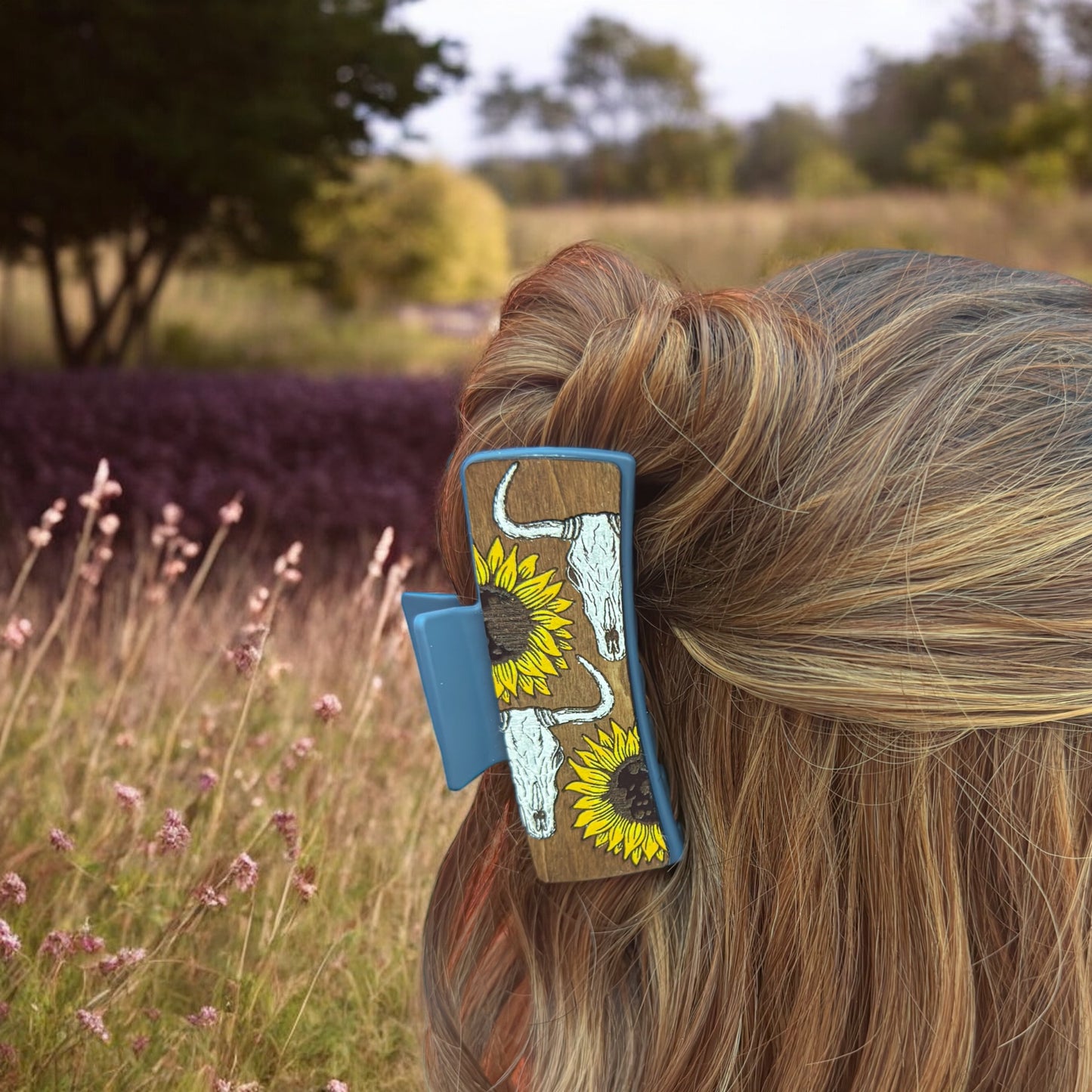 Cow Skull & Sunflower Engraved Hair Clip