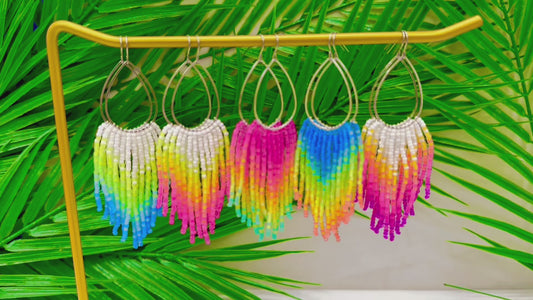 Neon Light Fringe Hoop Beaded Earrings