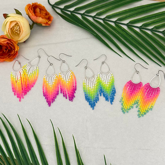 Neon Light Fringe Hoop Beaded Earrings