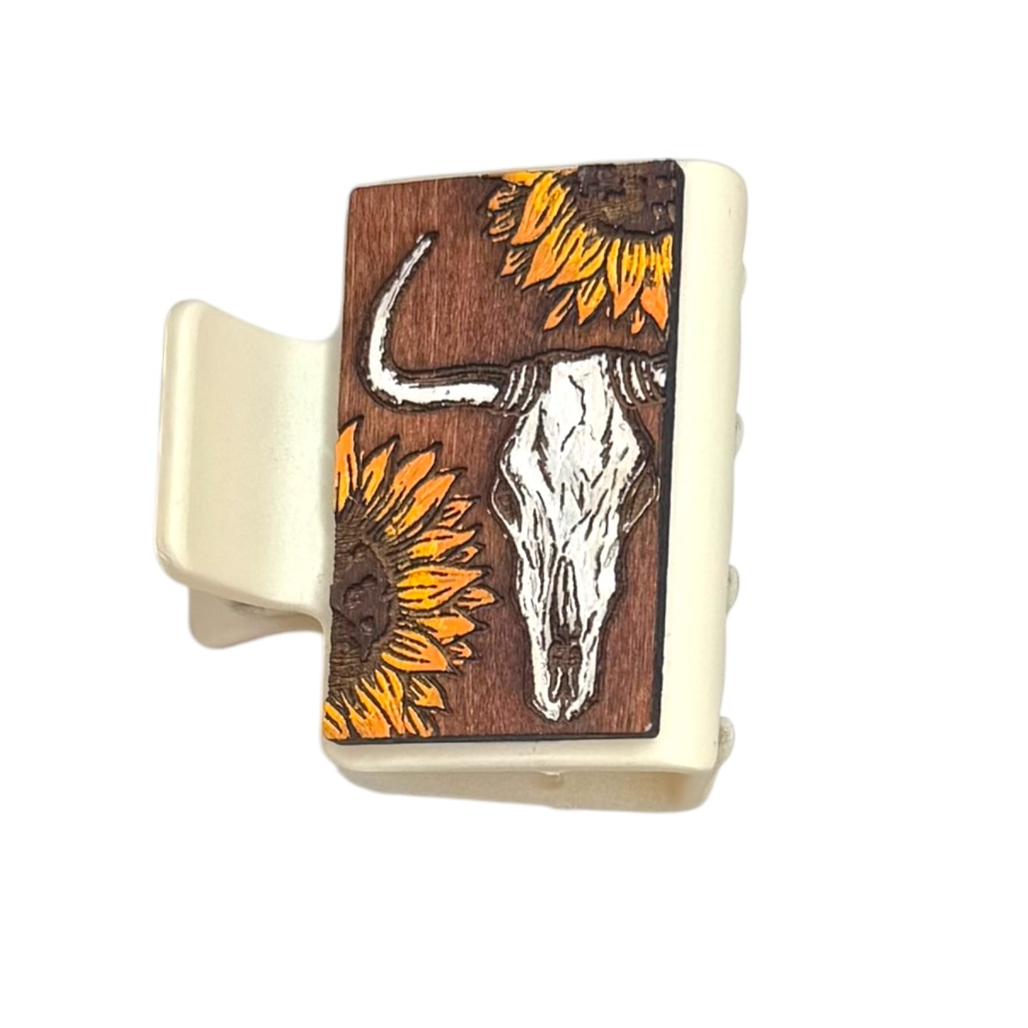 Cow Skull & Sunflower Engraved Hair Clip 2"