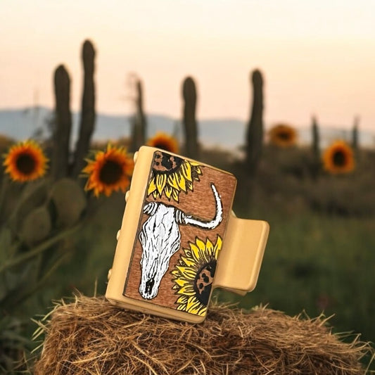 Cow Skull & Sunflower Engraved Hair Clip - Southwestern Charm