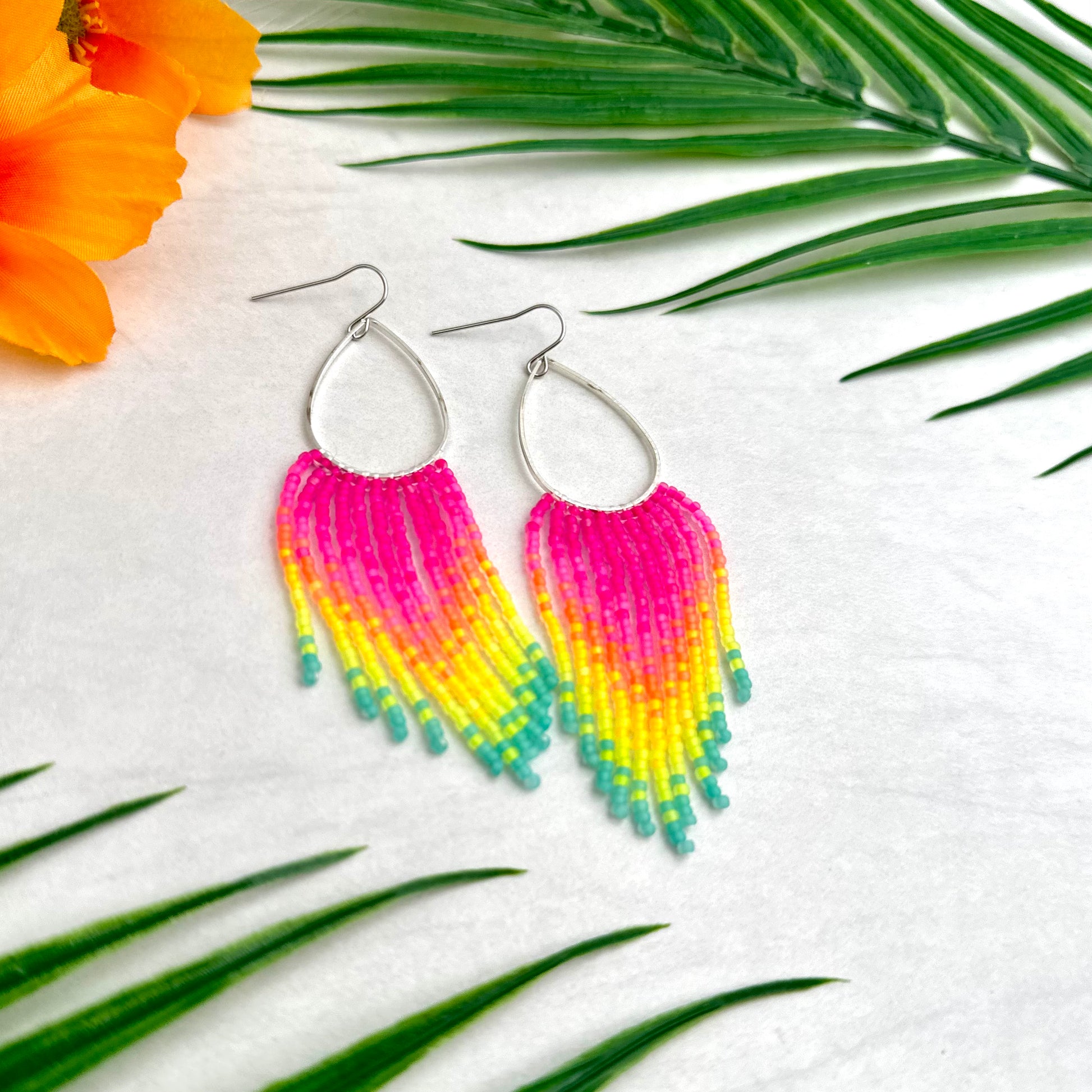 Neon Light Fringe Hoop Beaded Earrings Southwestern Charm