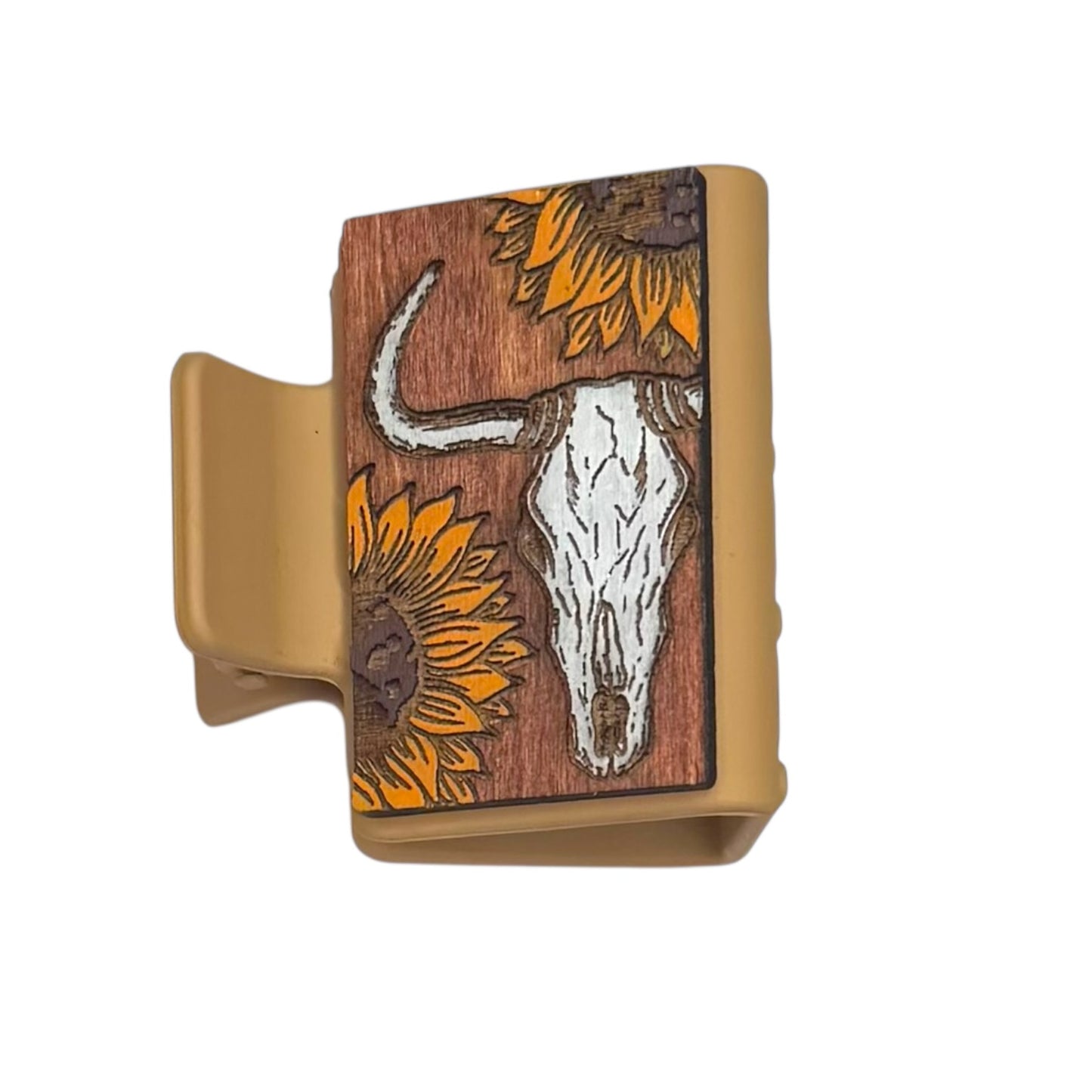 Cow Skull & Sunflower Engraved Hair Clip 2"