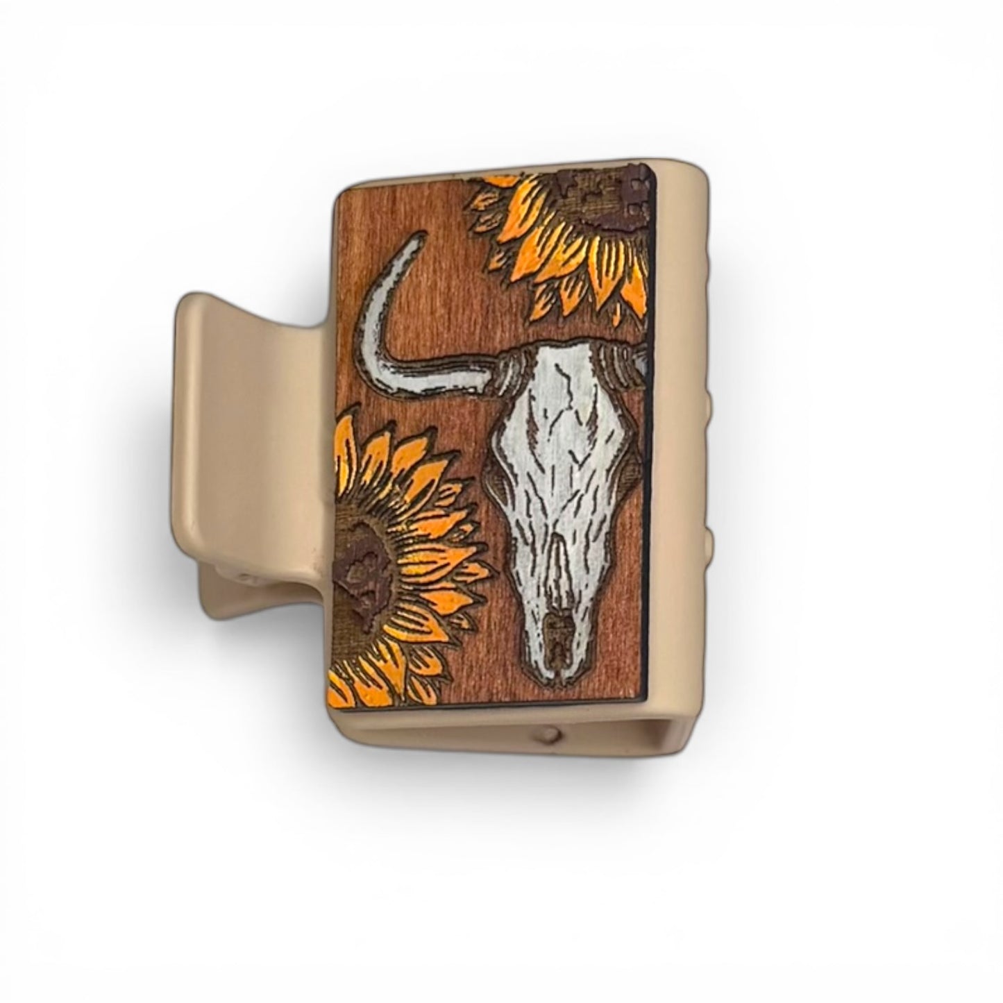 Cow Skull & Sunflower Engraved Hair Clip 2"